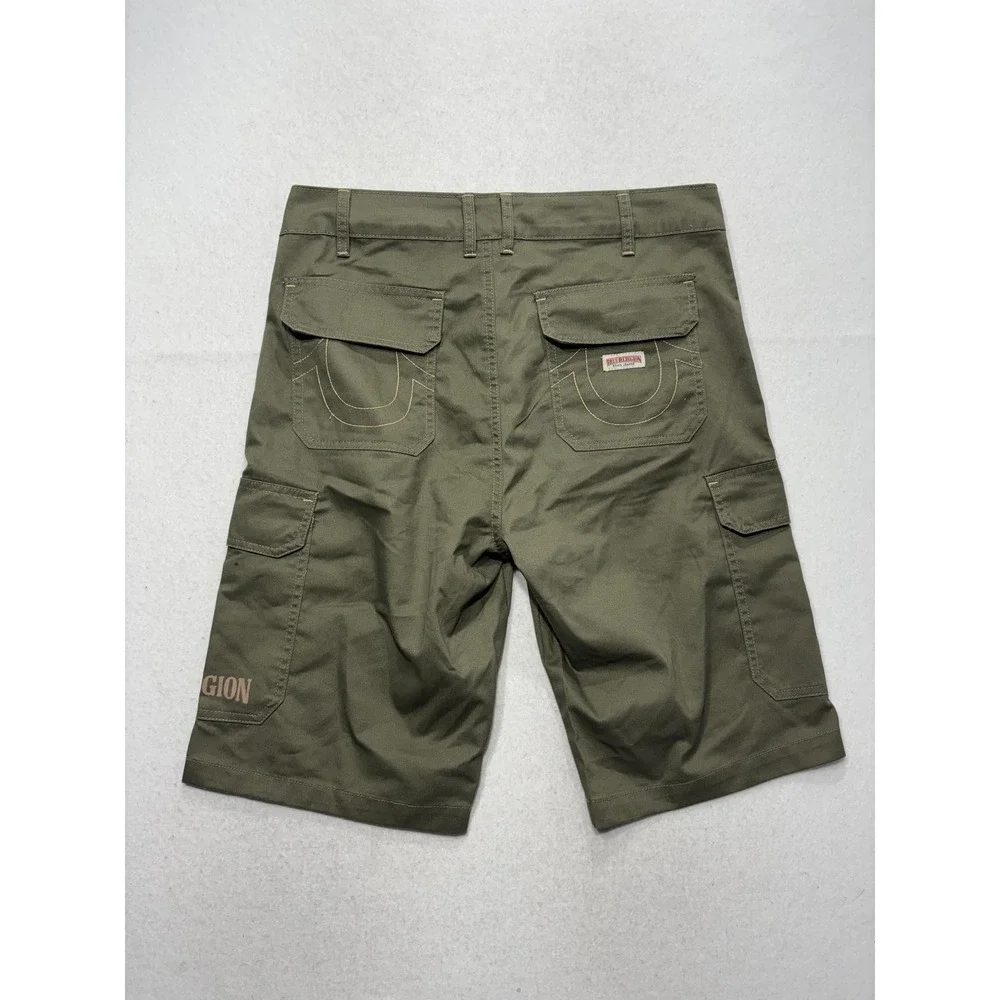 True Religion Mens 32 Green Cargo Shorts Canvas Utility Logo 12in Inseam Outdoor